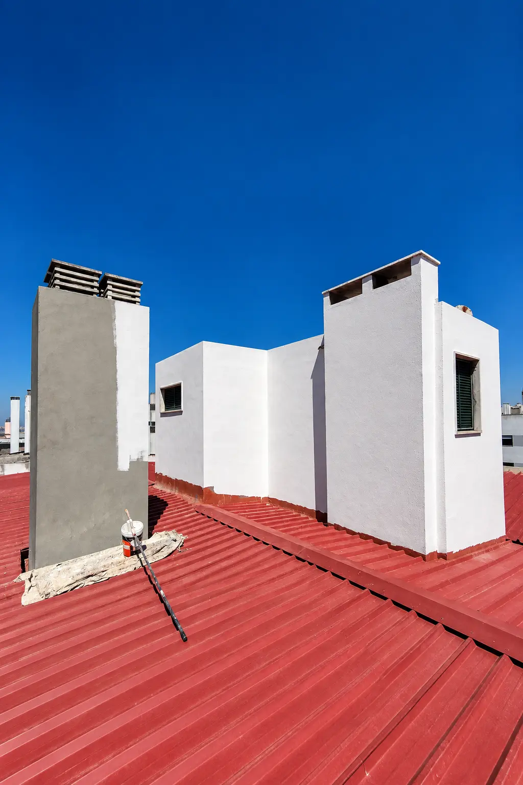 Cobertura metálica pintada de vermelho com estruturas pintadas de branco
