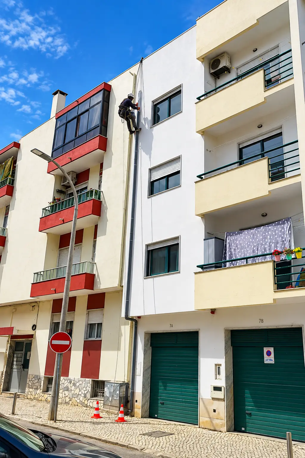 Técnico em cordas numa intervenção localizada na fachada de um prédio
